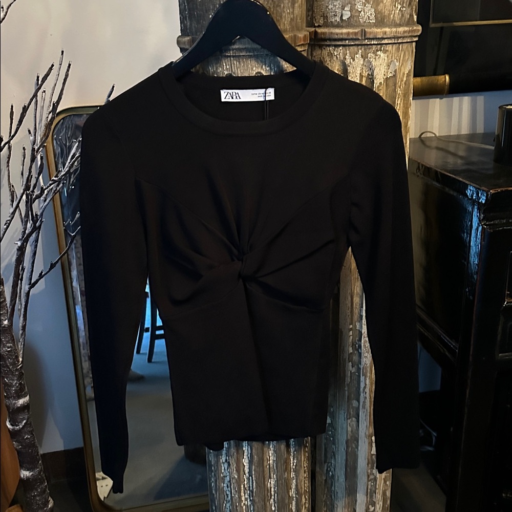 Zara Black Fitted Tie Front Top - NWT
